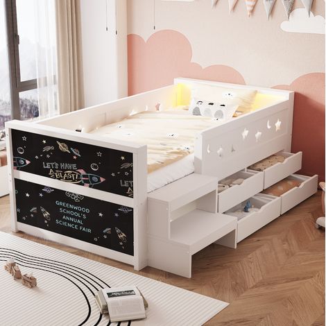 Cama infantil 90x200 cm blanca con barreras de seguridad, 4 cajones, pizarra, escalón y luz LED, estructura de madera para dormitorio moderno  CHICFURN (1/5)