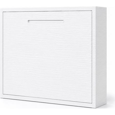 Lit escamotable horizontal MOLANE – Sommier à lattes - Poignée incurvée acier blanc 59cm Sans matelas Chêne blanc-160x200-Cadre Chêne blanc-Façade Chêne blanc (1/5)