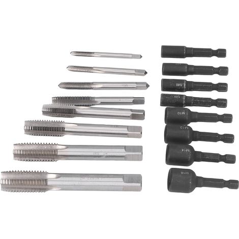Satz mit 16 Gewindeschneid-Einsätzen, verlängertem Spannfutter, 1/4-Zoll-Sechskantschaft, Stahl, Handwerkzeug zum Schrauben und Gewindeschneiden. (1/5)