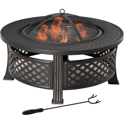 Brasero de jardin rond 81 x 81 x 50 cm en acier noir avec pare-étincelles et tisonnier HAVRYA (1/5)