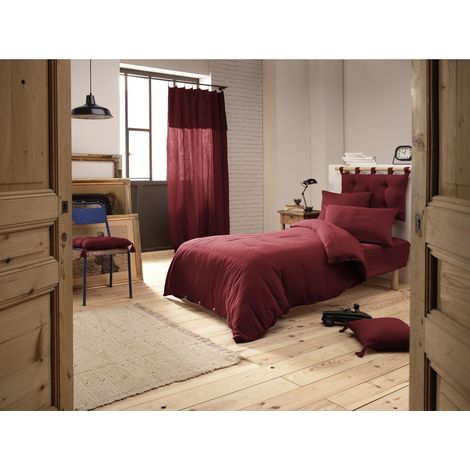 Pack Parure de couette 140x200 cm + Drap housse 90x190 + 1 taie Gaze de coton Bio Bordeaux (1/4)