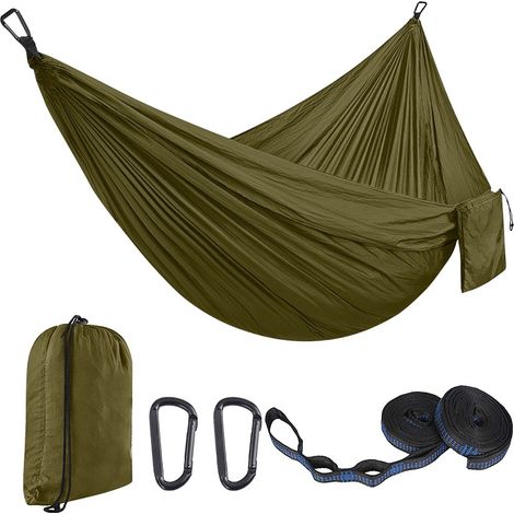Filiyano-Hamac ultraléger en nylon, capacité de charge 300 kg, 270 x 140 cm, avec 2 sangles en nylon et 2 mousquetons - Vert militaire (1/5)