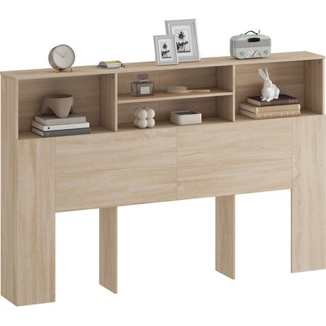160 cm langes Bettkopfteil mit Stauraum, Nachttisch mit 4 offenen Regalfächern, Bettaccessoire aus Naturholz (160 x 20,2 x 108,2 cm), freistehendes Nachttischregal, Wandaufbewahrung fürs Schlafzimmer
