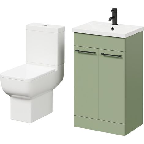 Alessio Olive Green 500mm Vanity Unit and Toilet Suite including Open Back Toilet and Floor Standing Vanity Unit with 2 Doors and Matt Black Handles (1/5)