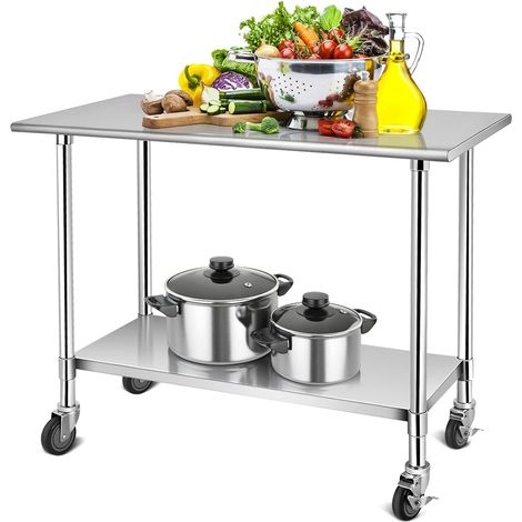 COSTWAY Arbeitstisch Edelstahl, Küchentisch Edelstahltisch mit Hoehenverstellbarer Ablage mit abschliessbaren Rollen, Ablagetisch (1/5)