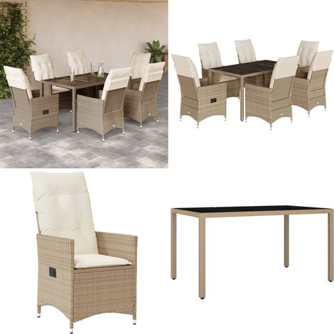7-tlg. Garten-Essgruppe mit Kissen Beige Poly Rattan - Gartengestelle - Gartenmöbelset - Outdoor Möbel - Esstisch Set - Lounge Gruppe - Home & Living (1/5)