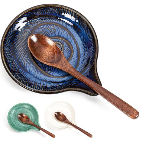 Repose-cuillère de cuisine en céramique résistant à la chaleur pour ranger cuillères, louches, spatules, cuillères à café (bleu) (1/5)