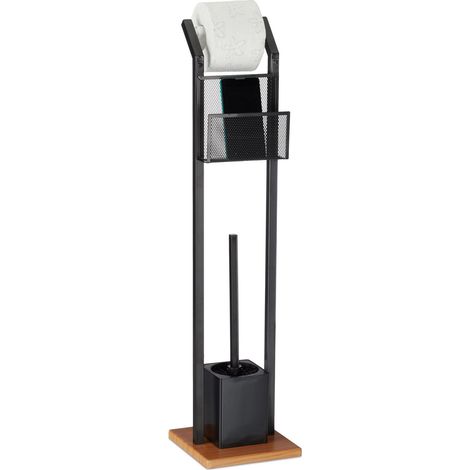 Ensemble WC étagère, Brosse WC et dérouleur Papier, Support pour Portable, Aspect Bois, H 78 cm, Noir (1/5)