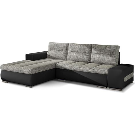 Canapé convertible angle gauche tissu gris chiné et simili noir Waker 275cm (1/5)