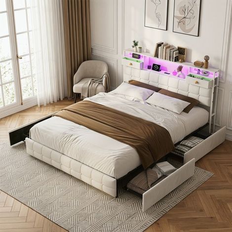 Letto matrimoniale 160x200 con rete, testiera con 2 cassetti, USB e LED, 4 cassetti di stoccaggio, Velluto, beige (1/5)