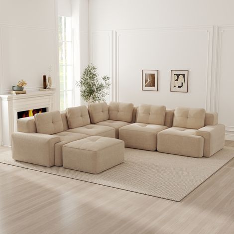 Canapé sans cadre pour le salon, canapé de bureau, canapé modulable avec pouf, confortable, canapé profond revêtu de velours côtelé, livré monté, antidérapant, beige (1/5)