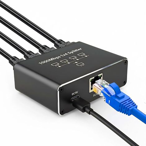 Switch Ethernet 1 à 4, Multiprise RJ45 1000Mbps, Network Splitter LAN Hub Répartiteur Ethernet Gigabit RJ45 4 Port Avec Câble USB-C pour Ordinateur Routeur Décodeur Télévision Numérique TV (1/5)