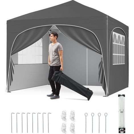 COSTWAY Gazebo Piehevole da Esterno 3 x 3 m, Gazebo Regolabile in Altezza con Pareti Rimovibili, Borsa con Ruote, Picchetti, Ancoraggi, Corde Vento e Sacchi di Sabbia, Tendone per Giardino (Grigio) (1/5)