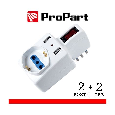 Adattatore 2pos bipasso/schuko +USB spina10A salvasp. + int.