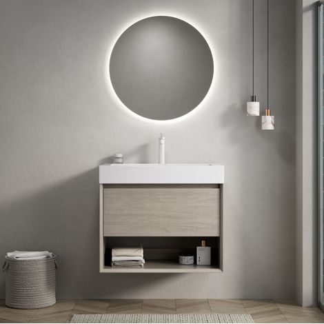 Meuble lave-mains suspendu en contreplaqué décor chêne clair avec vasque en résine blanche, 70 cm (1/5)