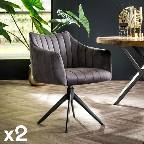 Fauteuil pivotant de table en velours gris à larges bandes (lot de 2) MELBOURNE (1/3)