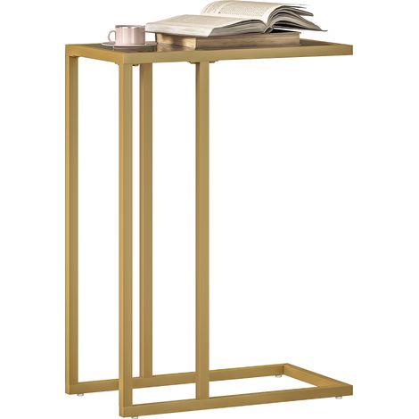 C-Shaped Side Table, Modern Slim End Table with Tempered Glass Tabletop, Steel Frame for Small Space, Living Room, Bedroom, Gold Tone (1/5)