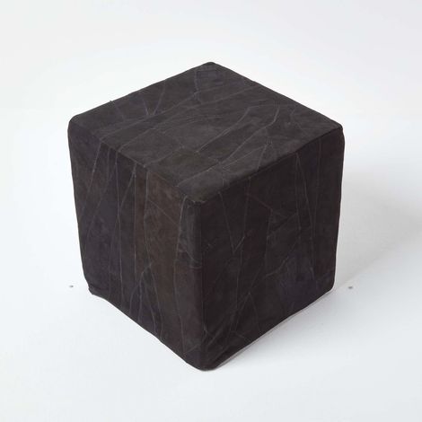 HOMESCAPES Black Leather and Suede Patchwork Cube Pouffe 36 x 36 x 38 cm