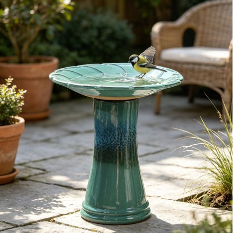 Abreuvoir et bain d’oiseaux en céramique turquoise Ø43 x 45 cm OKWISH (1/5)
