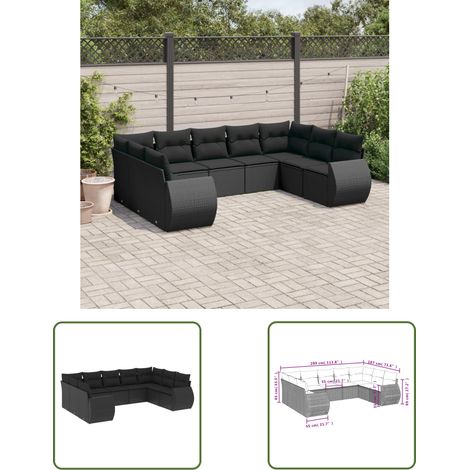 The Living Store 9-tlg. Garten-Sofagarnitur mit Kissen Schwarz Poly Rattan - Gartenmöbel - Outdoor Möbel - Lounge Set - Rattan Gartenset - Esstischgarnitur (1/3)