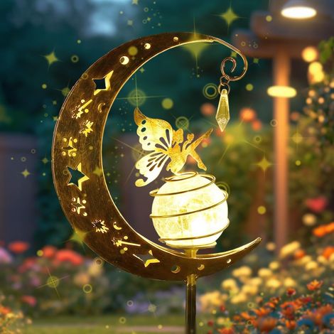 Mond Solarleuchten Garten Deko mit Blumenfee, Metall Solarleuchte mit LED Glaskugel & Erdspieß, Solarlampen für Außen Wetterfest Gartenleuchte für Weg Terrasse Balkon Hof Rasen Geschenkidee (1/5)
