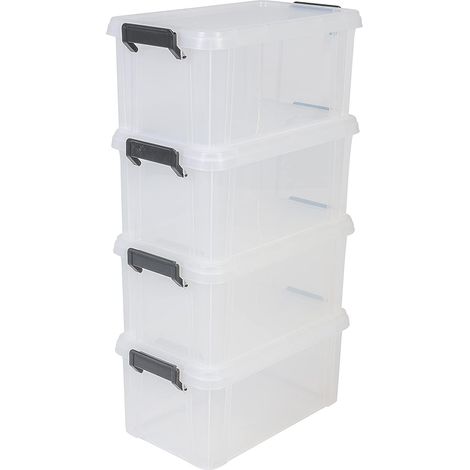 Boite Rangement Plastique avec Couvercle, 6L, Lot de 4, Transparent, Clips de Fermeture, Poignée, Empilable, Organisation Solide (1/5)
