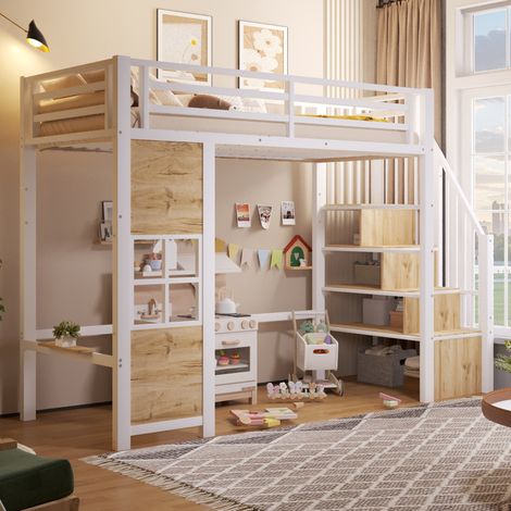 Cama alta 90/200 cm blanca con escalera de almacenaje y zona abierta (1/5)