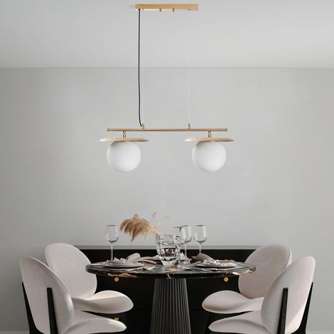 Élégant lustre doré, hauteur réglable 40-130 cm, corps en métal avec capuchon en verre, 2 douilles E27, 220-240 V, pour les intérieurs modernes, indice IP20 (1/5)