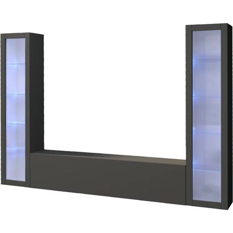 Parete Équipée Leda, Meuble Salon 9 Étagères, 12 Compartiments Made in Italy, Portes Battantes et Abattantes, 260x30x180h cm Noir Anthracite (1/5)