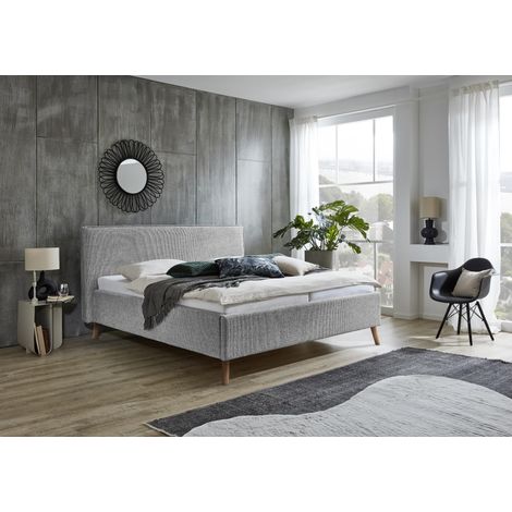 Meise Möbel Polsterbett Riva 160x200 cm Doppelbett Bettgestell Kopfteil mit Keder Webstoff Nebelgrau Holzfuß eichefarbig (1/5)