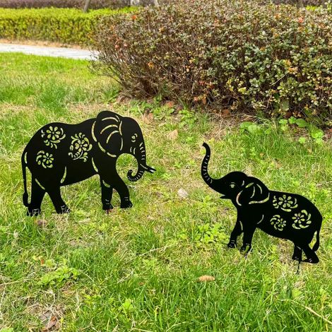 Set di 2 paletti decorativi in metallo a forma di elefante per giardino, cortile, prato, decorazioni per esterni per gli amanti degli elefanti. (1/4)