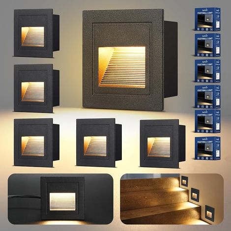 Eclairage Escalier 3W 300lm - 6 Pack, Éclairage LED des Marches Escalier 230V 3000K, 85x85mm, IP65 Encastrement Mural Éclairage Pour Escalier Mur, Boîtes D'encastrement 68mm, Aluminium Noir (1/5)