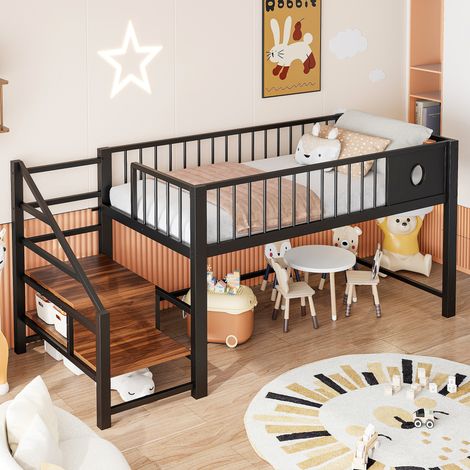 Cama alta infantil con escalera de almacenaje negra HAVRYA (1/5)