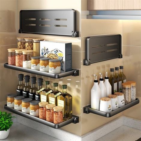 Mensola da cucina, portaspezie, pieghevole, 41,5×15×6,5 cm - Contenitore da cucina senza foratura, per spezie, multifunzionale - Nero (1/4)