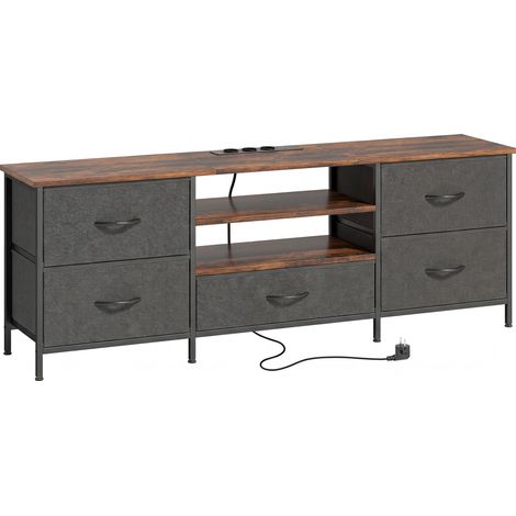 Meuble TV 140 cm, support téléviseur 65 pouces avec station de charge, 5 tiroirs en toile, étagères ouvertes, 140x30x50 cm, marron (1/5)