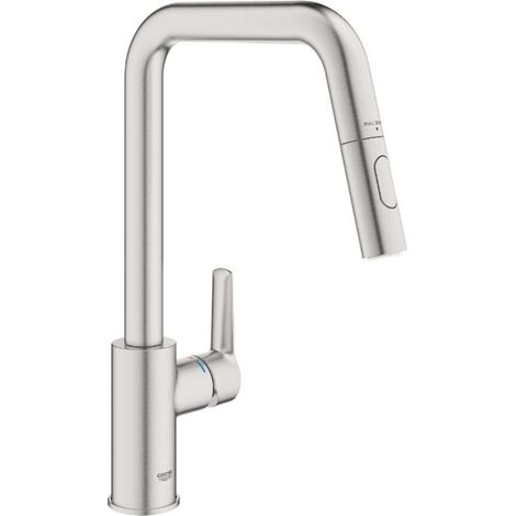 Grohe – Mitigeur monocommande cuisine 30631DC0 – Douchette extractible 2 jets – Bec haut pivotant 360° – Limiteur de température intégré – Inox (1/7)