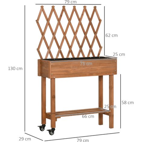 Potager surélevé, treillis intégré, étagère de rangement, roulettes, bois massif, marron, 79 x 29 x 130 cm (1/5)