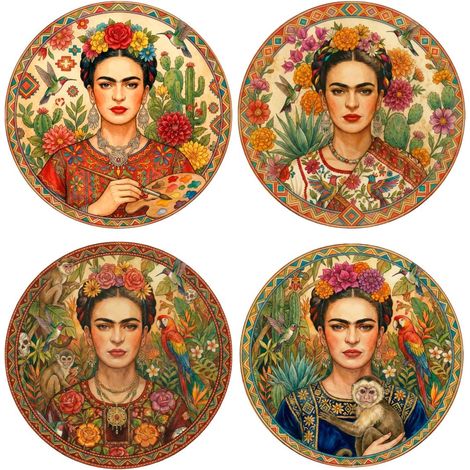 Posavasos de cerámica estampado Frida y flores, set de 4 (1/5)