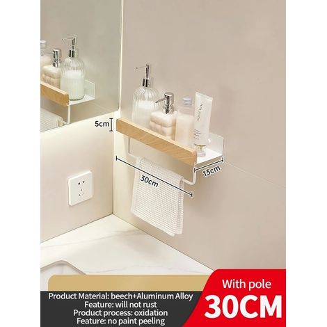 Étagère d'angle en bois et aluminium (poteau blanc de 30 cm) pour salle de bain, rangement pour shampoing, étagère murale de douche. (1/5)