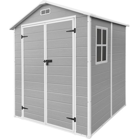 ECD Germany Casetta da Giardino 5 m³ in Plastica con Pavimento e Tetto a Due Falde, 151x182x220 cm Grigio Chiaro, Capannone da Esterno Impermeabile con Doppie Porte, Finestra, Capanno per Attrezzi