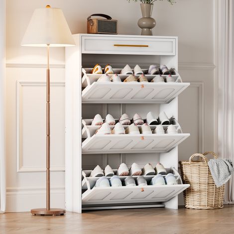 Meuble à chaussures moderne 70 x 25 x 123,5 cm, 6 compartiments, 1 tiroir, idéal pour les entrées, les halls, les salons et les bureaux, en MDF blanc. (1/5)