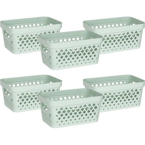 Lot de 6 paniers en plastique pour l'organisation Rangement de garde-manger pour sous le comptoir, le placard en lin et la salle de bain Bacs d'étagère gigognes avec poignées, 3,8 l, sauge (1/5)