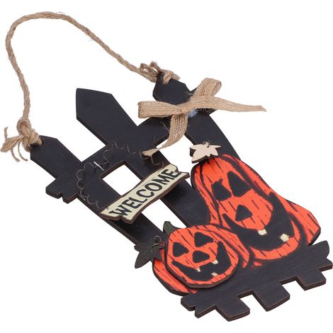 Halloween-Willkommensschild, Türkranz aus Holz mit Kürbis, schwarzer Katze, Burg, Geistern - Friedhofsdekoration - 1 Stück (Modell: JM01438) (1/5)