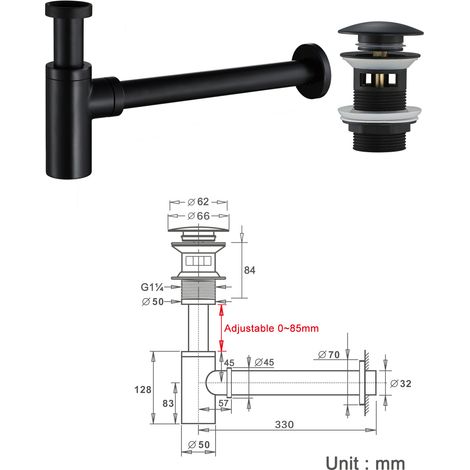 Bonde Lavabo Pop-Up Noir Mat G1¼ + Siphon Bouteille Mural Anti-Odeur Laiton Salle de Bain Design Moderne Universel (1/3)