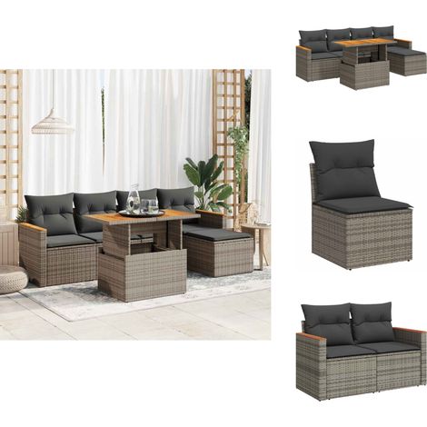 The Living Store Salon de jardin avec coussins 6 pcs gris résine tressée acacia - Meuble de jardin (1/5)