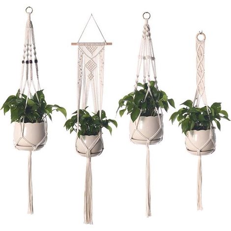 Handgewebte Hängeampeln aus Baumwolle ideal für drinnen und draußen im Garten auf dem Balkon der Terrasse oder der Fensterbank cremeweiß 4er-Set (1/5)
