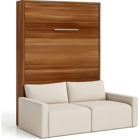 Lit escamotable vertical avec canapé tissu VALENCIA Sans matelas Beige-80x180-Canapé Beige-Structure Noyer (1/5)