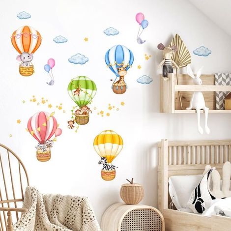 Animaux en Montgolfière Autocollant Mural Singe Girafe Éléphant Décoration Murale Chambre Enfants Bébé Pépinière