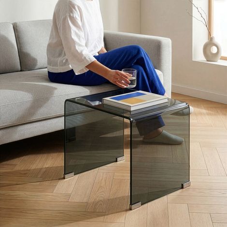 Table d’appoint Varlofrek verre trempé 50 x 50 x 50 cm gris foncé [en.casa] (1/5)