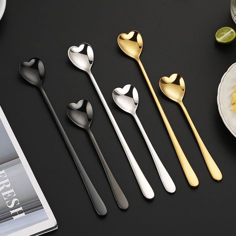 6 pcs Cuillère à glace d'amour, cuillère de mélange en acier inoxydable 304, cuillère à café de miel de thé au lait à long manche, cuillère à dessert